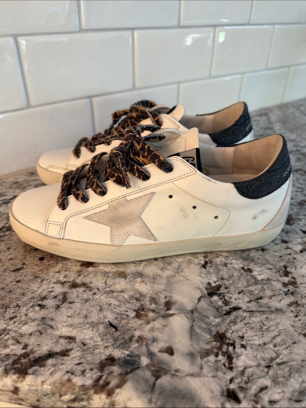 Golden Goose White Leather Distressed Sneakers  Star Accent Black Sparkled Heel